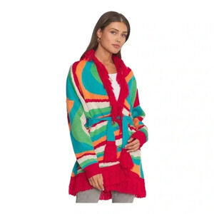 Dee Elly Print Red Fringe Long Open Cardigan Women’s size Small